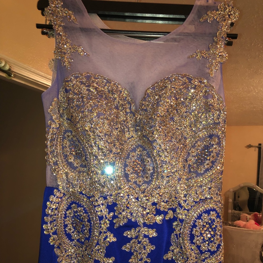 Long royal blue mesh sequence dress